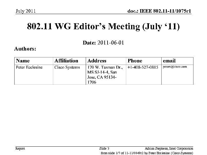 July 2011 doc. : IEEE 802. 11 -11/1075 r 1 802. 11 WG Editor’s