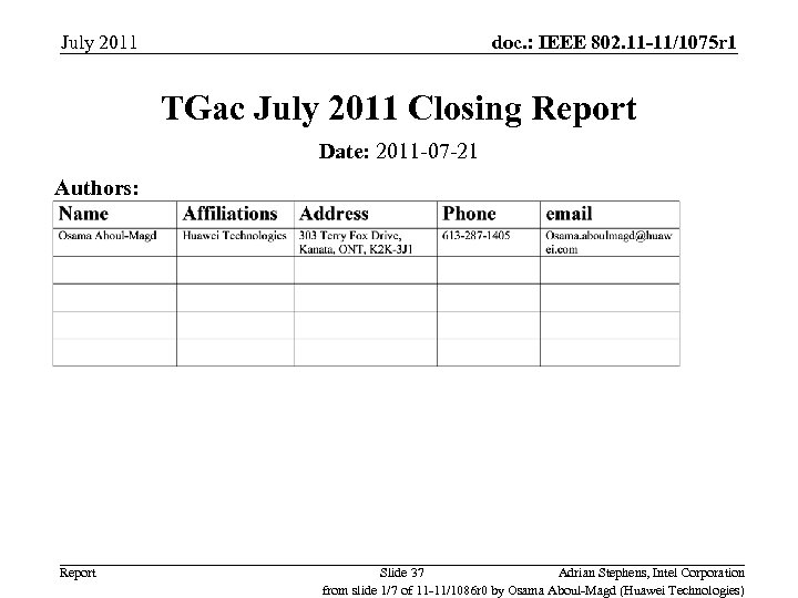 July 2011 doc. : IEEE 802. 11 -11/1075 r 1 TGac July 2011 Closing