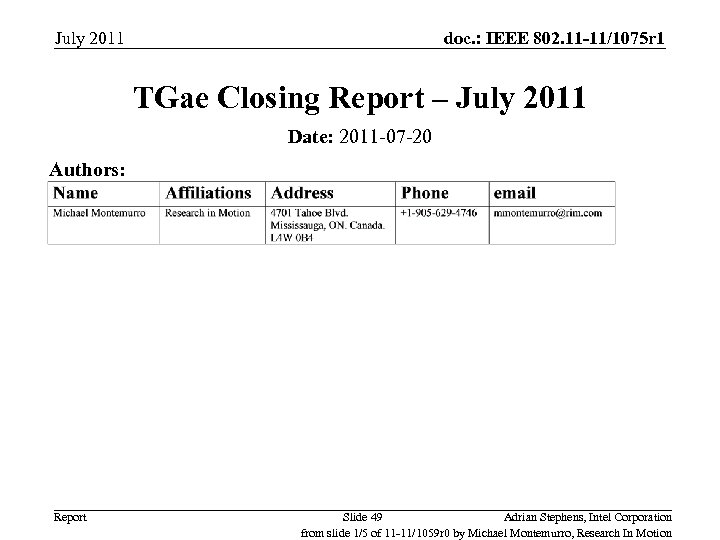 July 2011 doc. : IEEE 802. 11 -11/1075 r 1 TGae Closing Report –