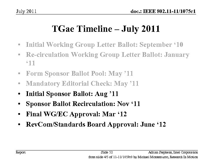 July 2011 doc. : IEEE 802. 11 -11/1075 r 1 TGae Timeline – July