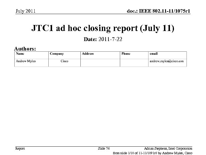 July 2011 doc. : IEEE 802. 11 -11/1075 r 1 JTC 1 ad hoc