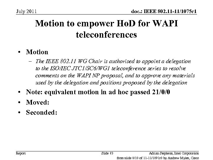 July 2011 doc. : IEEE 802. 11 -11/1075 r 1 Motion to empower Ho.