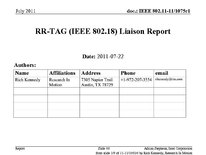 July 2011 doc. : IEEE 802. 11 -11/1075 r 1 RR-TAG (IEEE 802. 18)