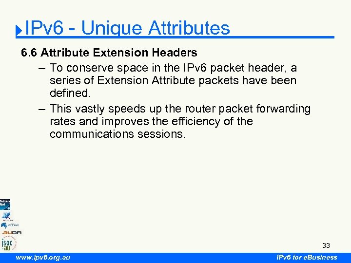 IPv 6 - Unique Attributes 6. 6 Attribute Extension Headers – To conserve space