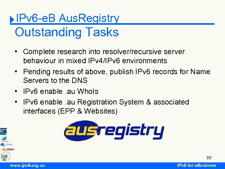 IPv 6 -e. B Aus. Registry Outstanding Tasks • Complete research into resolver/recursive server