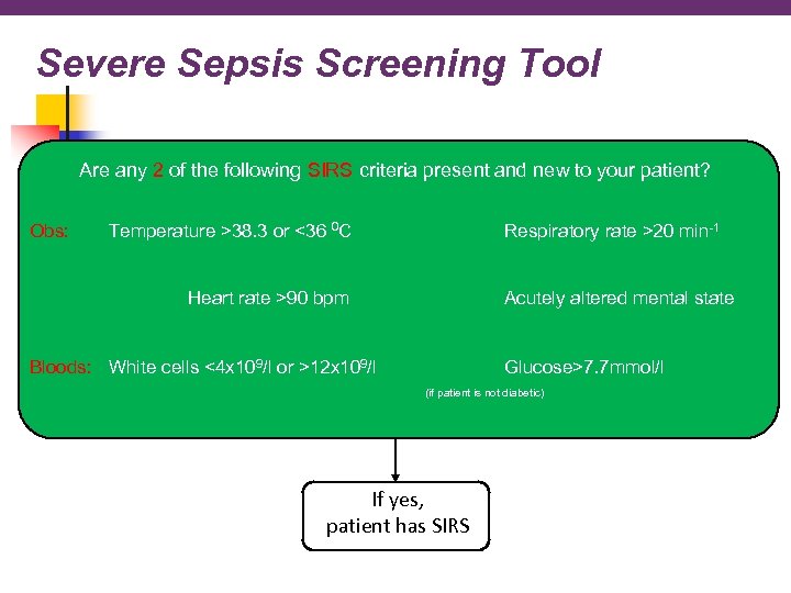 Severe Sepsis Screening Tool Are any 2 of the following SIRS criteria present and