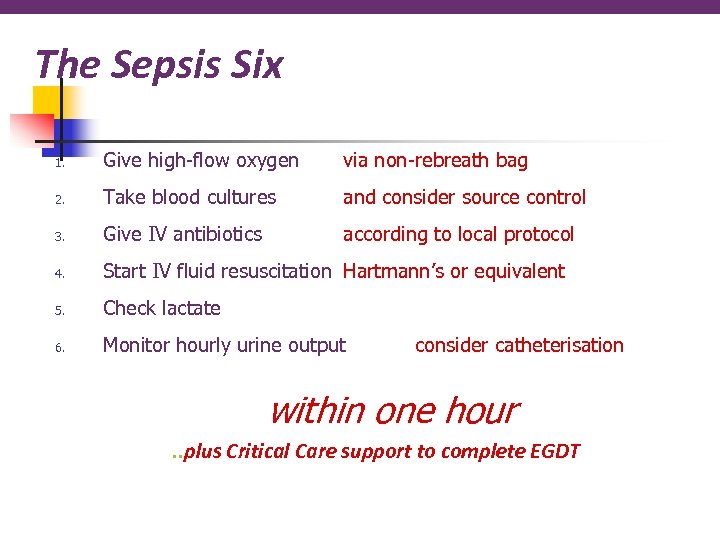 The Sepsis Six 1. Give high-flow oxygen via non-rebreath bag 2. Take blood cultures