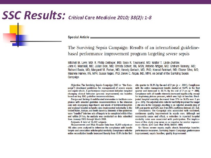 SSC Results: Critical Care Medicine 2010; 38(2): 1 -8 