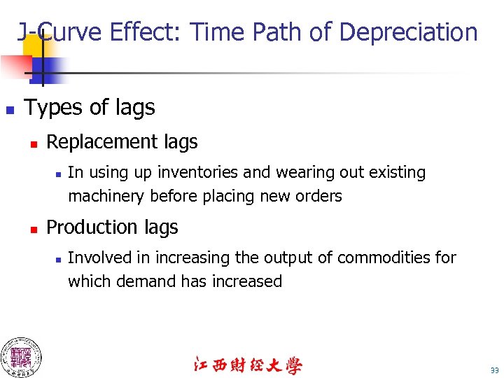 J-Curve Effect: Time Path of Depreciation n Types of lags n Replacement lags n
