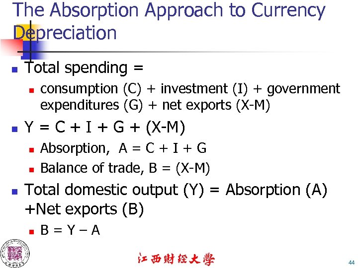 The Absorption Approach to Currency Depreciation n Total spending = n n Y =