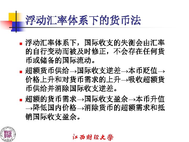 浮动汇率体系下的货币法 n n n 浮动汇率体系下，国际收支的失衡会由汇率 的自行变动而被及时修正，不会存在任何货 币或储备的国际流动。 超额货币供给→国际收支逆差→本币贬值→ 价格上升和对货币需求的上升→吸收超额货 币供给并消除国际收支逆差。 超额的货币需求→国际收支盈余→本币升值 →降低国内价格→消除货币的超额需求和抵 销国际收支盈余。 
