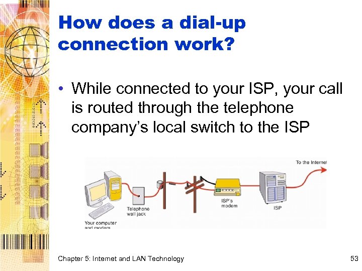 How does a dial-up connection work? • While connected to your ISP, your call