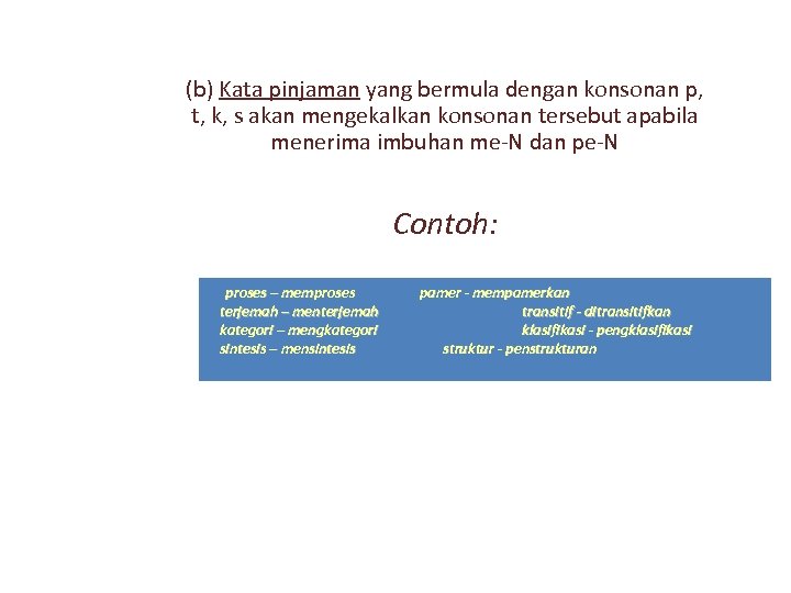 (b) Kata pinjaman yang bermula dengan konsonan p, t, k, s akan mengekalkan konsonan