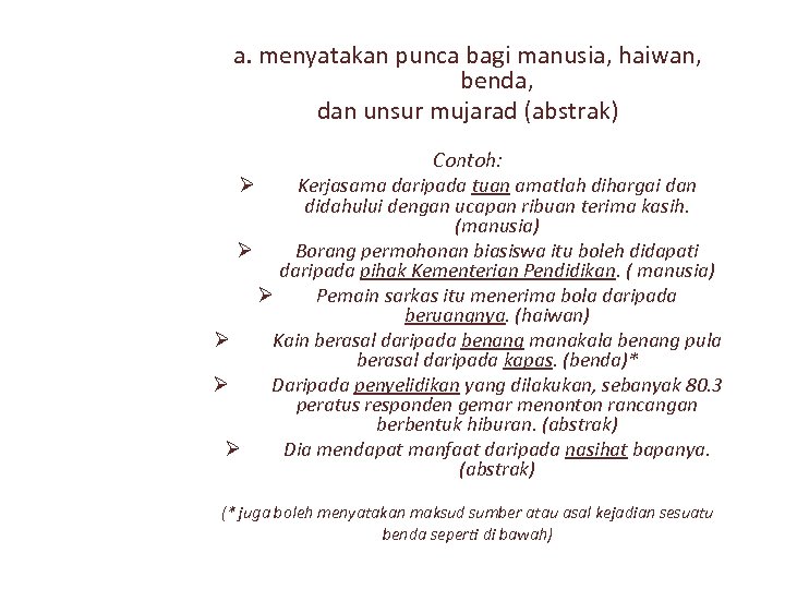 a. menyatakan punca bagi manusia, haiwan, benda, dan unsur mujarad (abstrak) Contoh: Kerjasama daripada