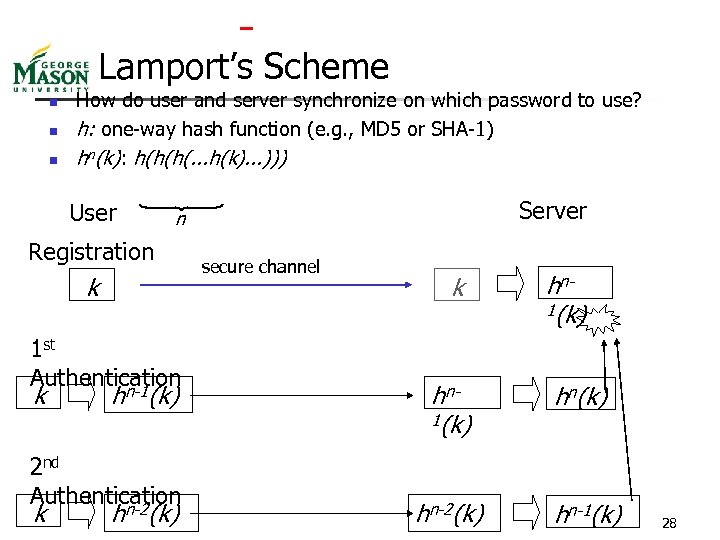  Lamport’s Scheme n n n How do user and server synchronize on which