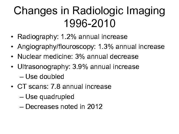 Changes in Radiologic Imaging 1996 -2010 • • Radiography: 1. 2% annual increase Angiography/flouroscopy: