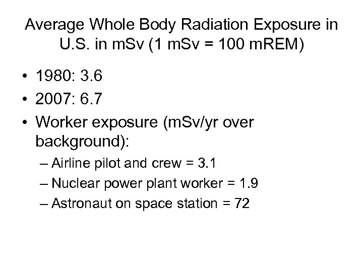 Average Whole Body Radiation Exposure in U. S. in m. Sv (1 m. Sv