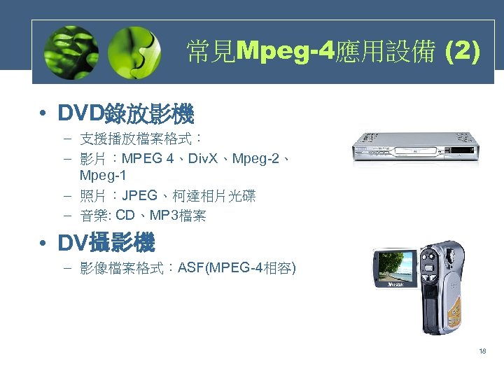 常見Mpeg-4應用設備 (2) • DVD錄放影機 – 支援播放檔案格式： – 影片：MPEG 4、Div. X、Mpeg-2、 Mpeg-1 – 照片：JPEG、柯達相片光碟 –