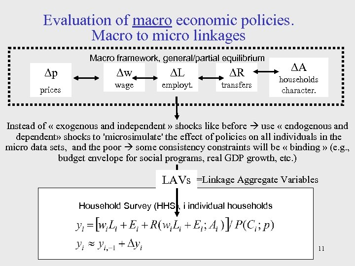 Evaluation of macro economic policies. Macro to micro linkages Macro framework, general/partial equilibrium Dp