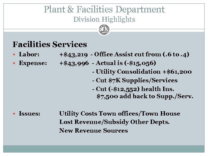 Plant & Facilities Department Division Highlights Facilities Services Labor: Expense: Issues: +$43, 219 -
