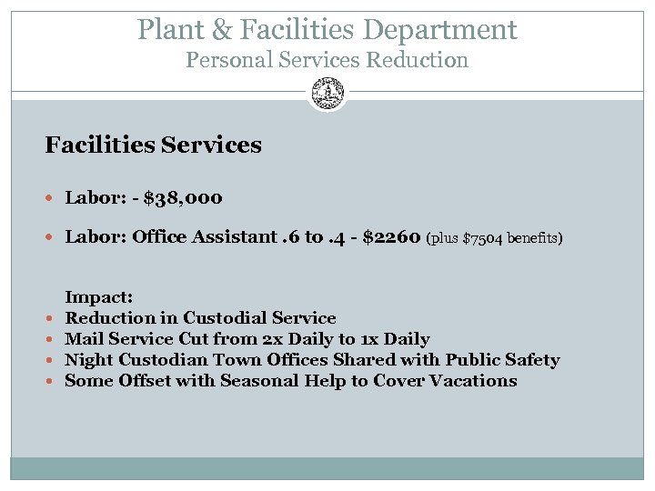 Plant & Facilities Department Personal Services Reduction Facilities Services Labor: - $38, 000 Labor: