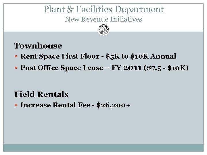 Plant & Facilities Department New Revenue Initiatives Townhouse Rent Space First Floor - $5