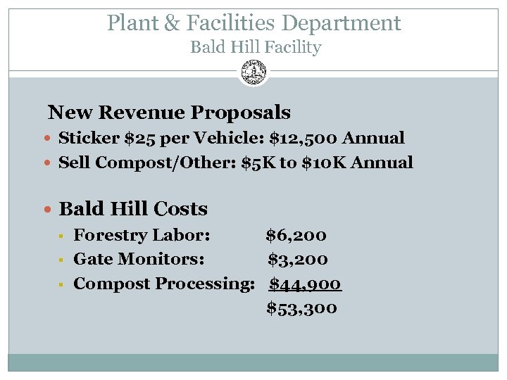 Plant & Facilities Department Bald Hill Facility New Revenue Proposals Sticker $25 per Vehicle: