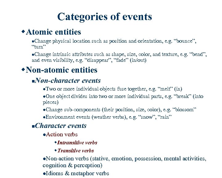 Categories of events w. Atomic entities Change physical location such as position and orientation,