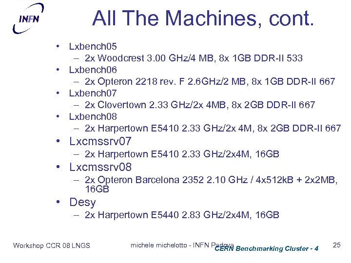 All The Machines, cont. • Lxbench 05 – 2 x Woodcrest 3. 00 GHz/4