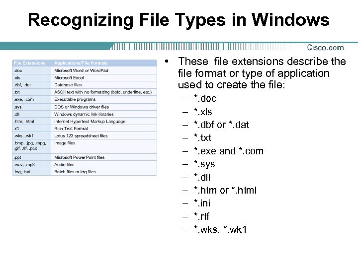 Recognizing File Types in Windows • These file extensions describe the file format or