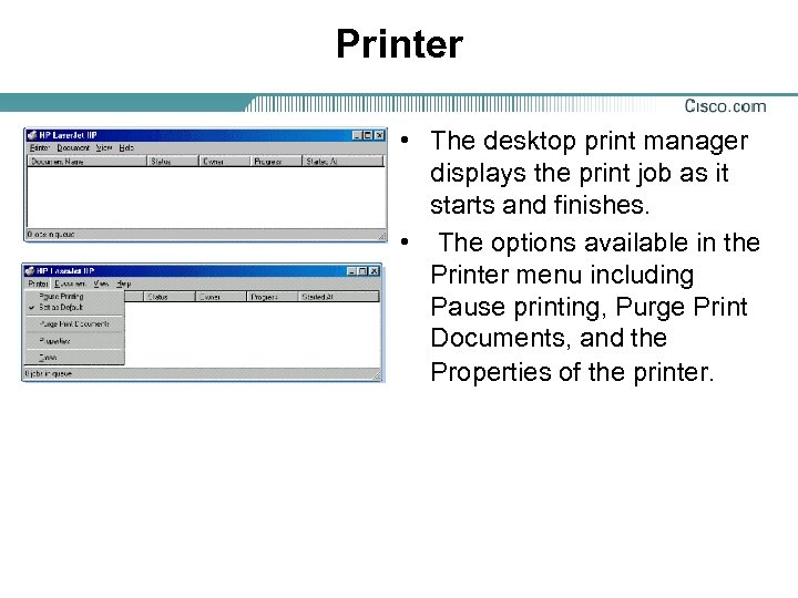 Printer • The desktop print manager displays the print job as it starts and