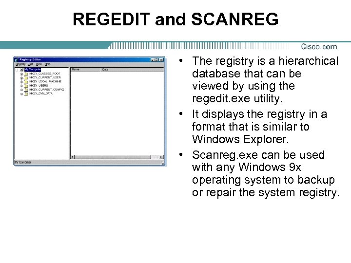 REGEDIT and SCANREG • The registry is a hierarchical database that can be viewed
