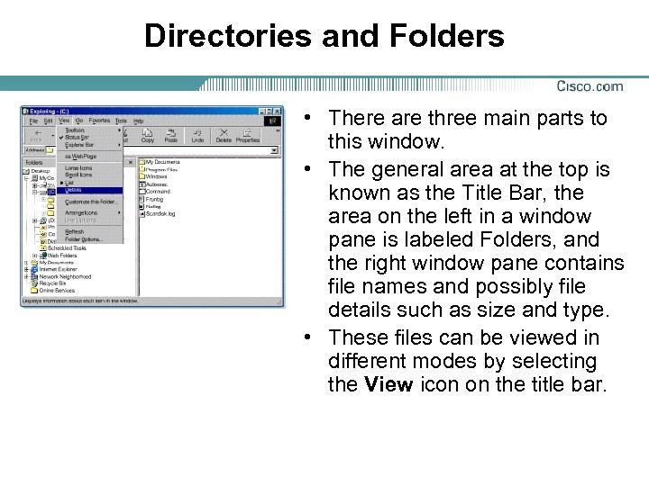 Directories and Folders • There are three main parts to this window. • The