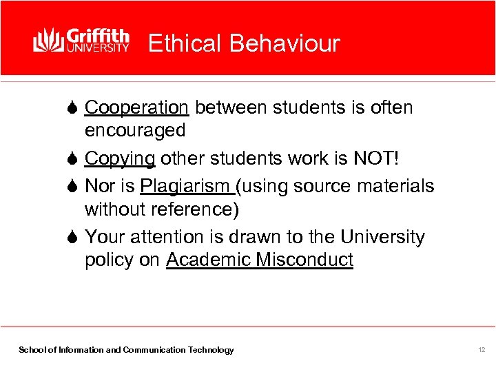 Ethical Behaviour S Cooperation between students is often encouraged S Copying other students work