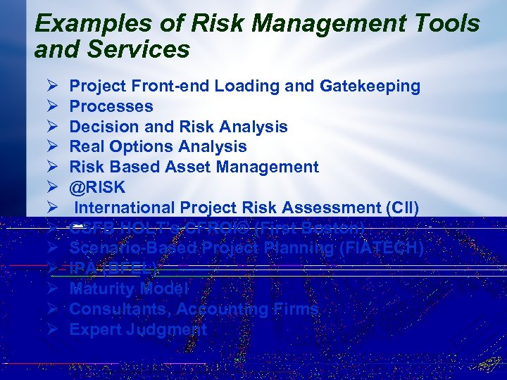 Examples of Risk Management Tools and Services Ø Ø Ø Ø Project Front-end Loading