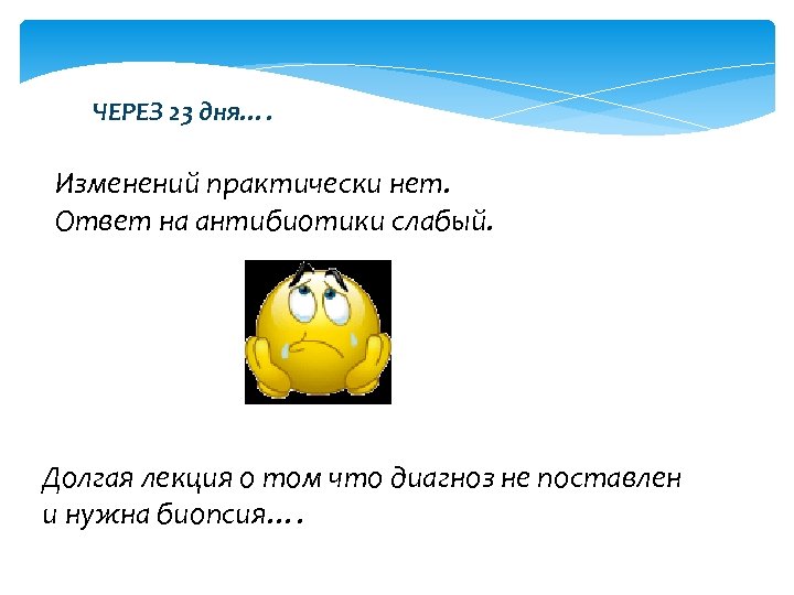 ЧЕРЕЗ 23 дня…. Изменений практически нет. Ответ на антибиотики слабый. Долгая лекция о том