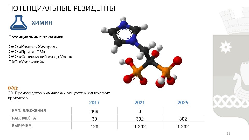 ПОТЕНЦИАЛЬНЫЕ РЕЗИДЕНТЫ ХИМИЯ Потенциальные заказчики: ОАО «Камтэкс Химпром» ОАО «Протон-ПМ» ОАО «Соликамский завод Урал»