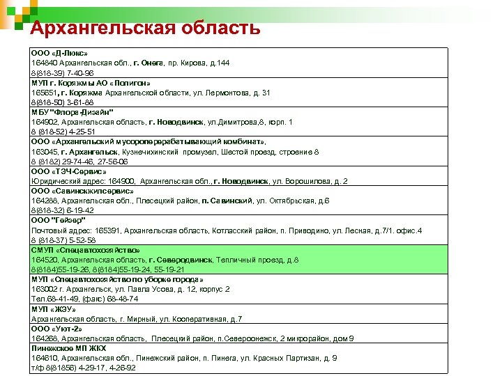 Архангельская область ООО «Д-Люкс» 164840 Архангельская обл. , г. Онега, пр. Кирова, д. 144
