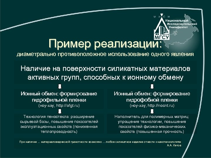 Пример реализации: диаметрально противоположное использование одного явления Наличие на поверхности силикатных материалов активных групп,