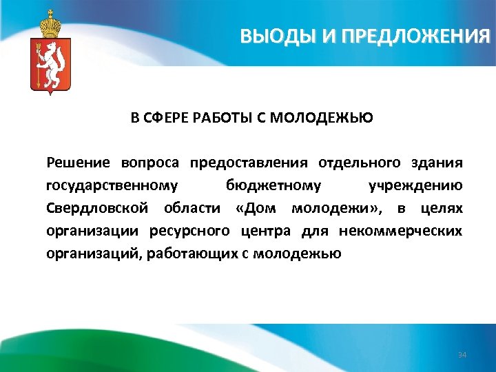 ВЫОДЫ И ПРЕДЛОЖЕНИЯ В СФЕРЕ РАБОТЫ С МОЛОДЕЖЬЮ Решение вопроса предоставления отдельного здания государственному