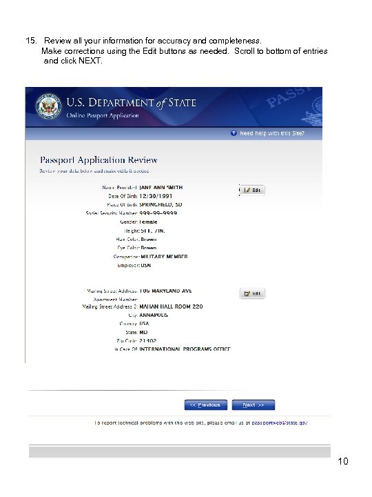 15. Review all your information for accuracy and completeness. Make corrections using the Edit