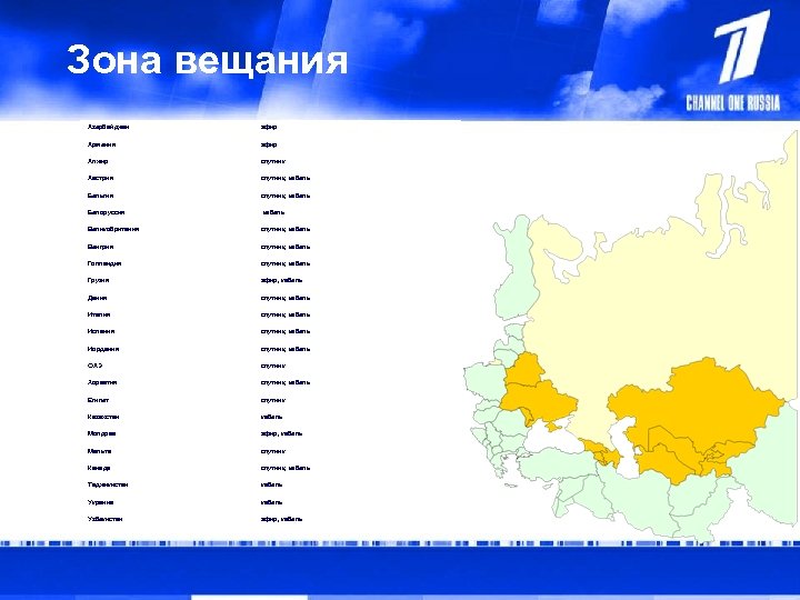 Зона вещания Азербайджан эфир Армения эфир Алжир спутник Австрия спутник, кабель Бельгия спутник, кабель