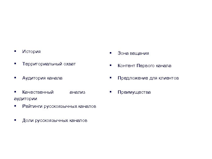 Содержание § История § Зона вещания § Территориальный охват § Контент Первого канала §