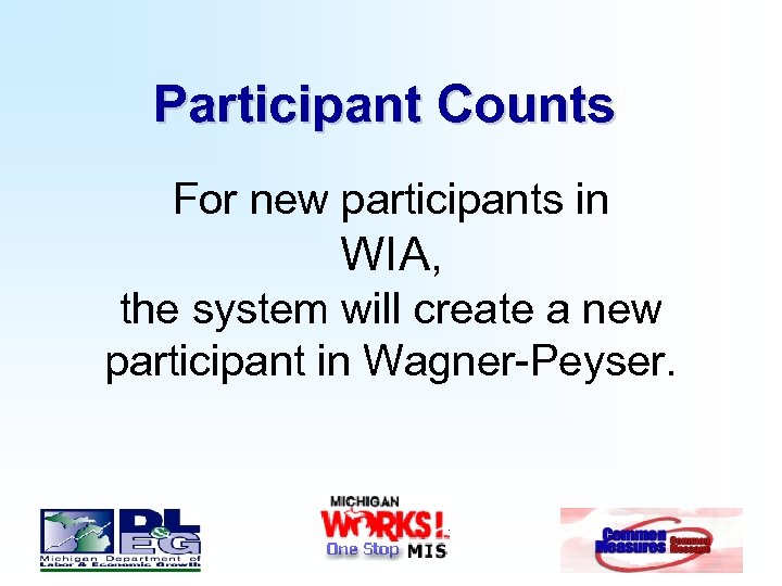 Participant Counts For new participants in WIA, the system will create a new participant