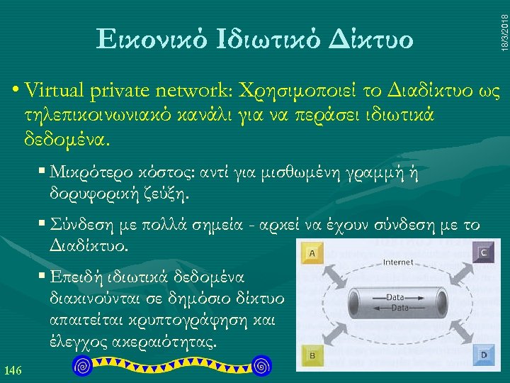 18/3/2018 Εικονικό Ιδιωτικό Δίκτυο • Virtual private network: Χρησιμοποιεί το Διαδίκτυο ως τηλεπικοινωνιακό κανάλι