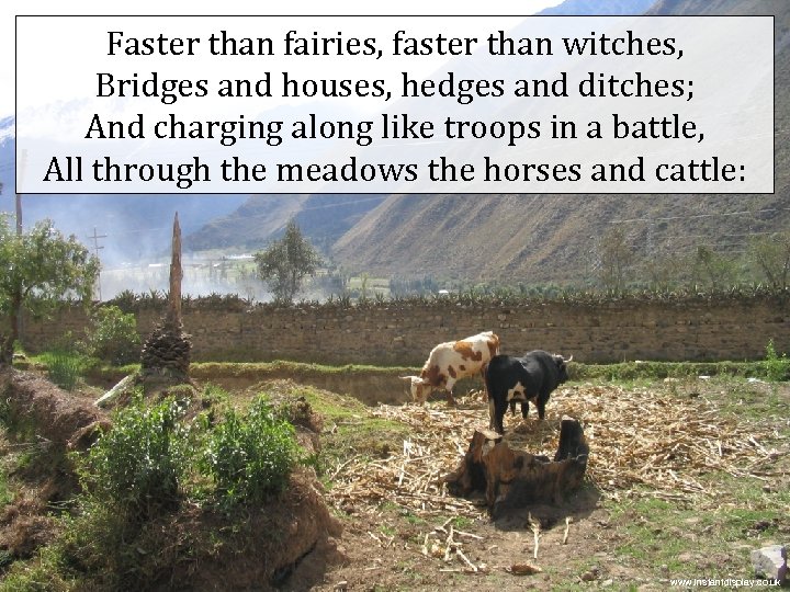 Faster than fairies, faster than witches, Bridges and houses, hedges and ditches; And charging