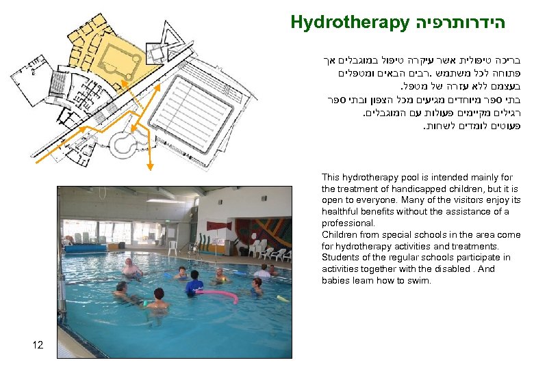 Hydrotherapy הידרותרפיה בריכה טיפולית אשר עיקרה טיפול במוגבלים אך פתוחה לכל משתמש. רבים הבאים