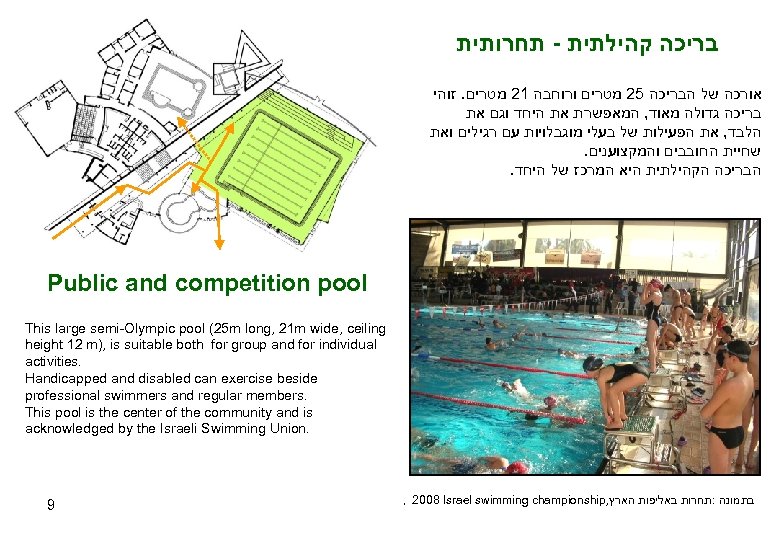  בריכה קהילתית - תחרותית אורכה של הבריכה 52 מטרים ורוחבה 12 מטרים. זוהי