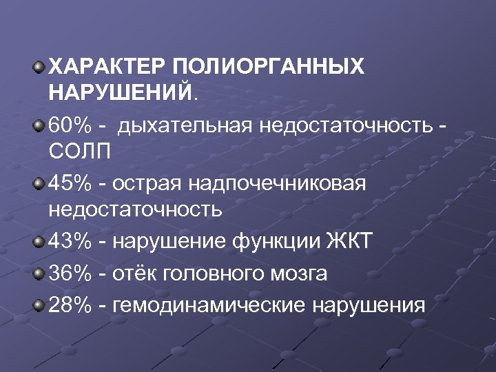 ХАРАКТЕР ПОЛИОРГАННЫХ НАРУШЕНИЙ. 60% - дыхательная недостаточность - СОЛП 45% - острая надпочечниковая недостаточность
