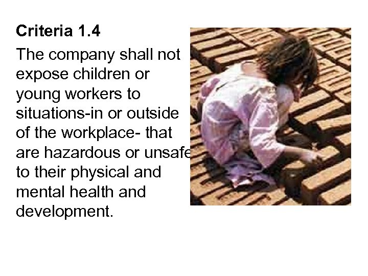 Criteria 1. 4 The company shall not expose children or young workers to situations-in
